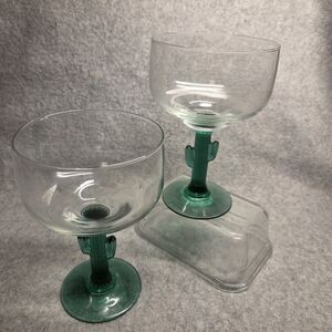Set 2 Libbey 12 oz Cactus Margarita Glasses with Juniper Green Stem Barware NEW